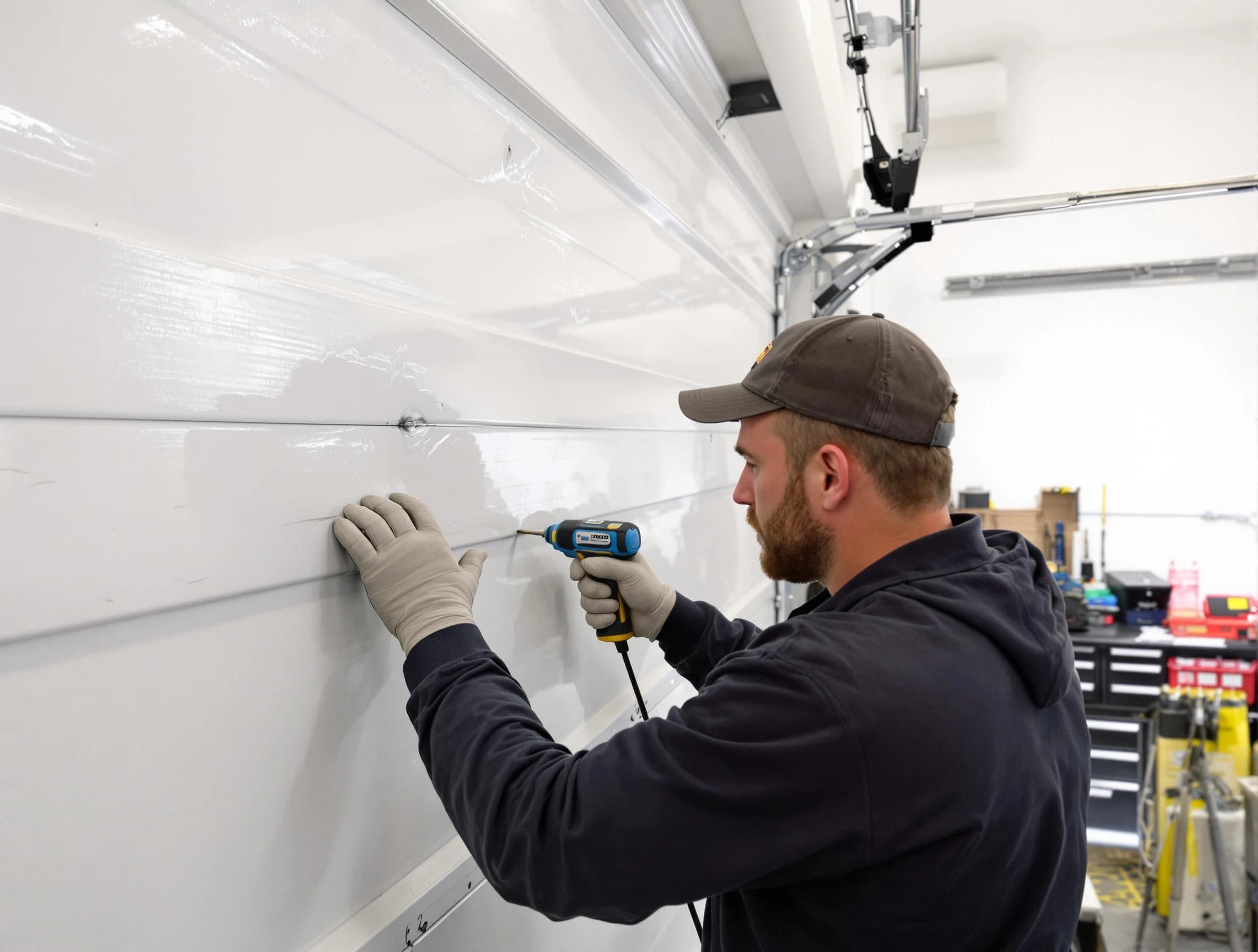 Forest Park Garage Door Repair technician demonstrating precision dent removal techniques on a Forest Park garage door